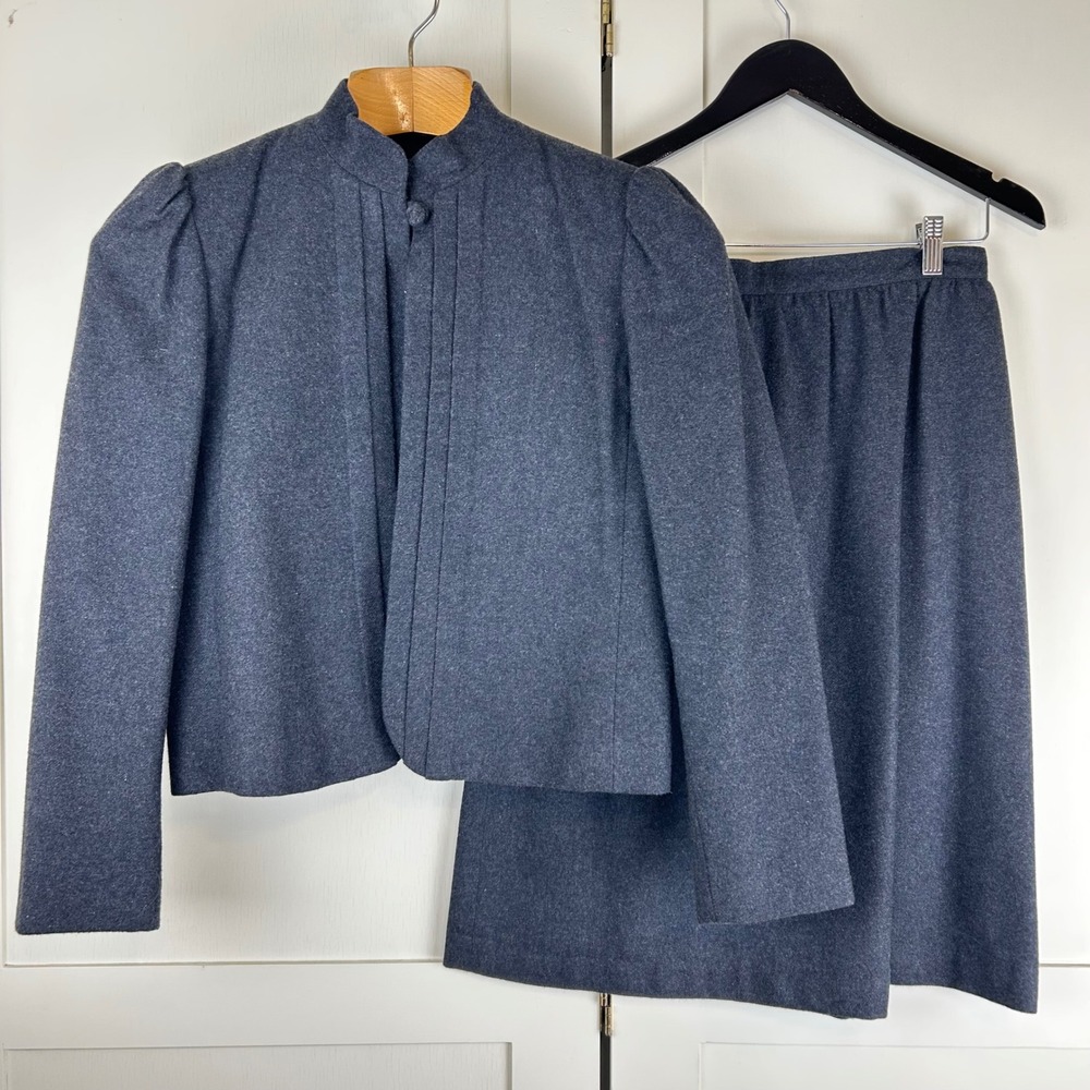 Vintage 80s Whip-O-Will Wool Blend Blue Mandarin Collar Midi Skirt Suit 28"W